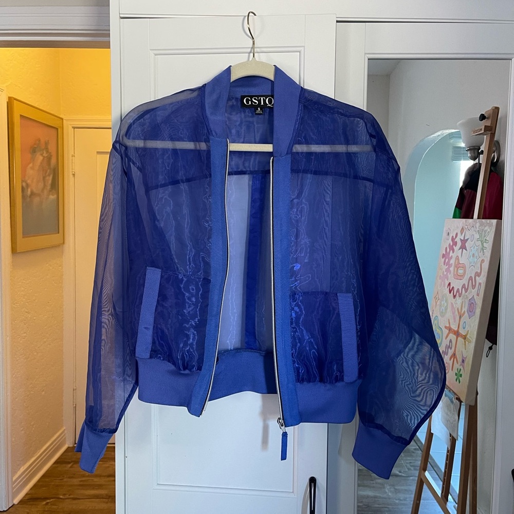GSTQ Women's Sheer Blue Bomber Jacket
